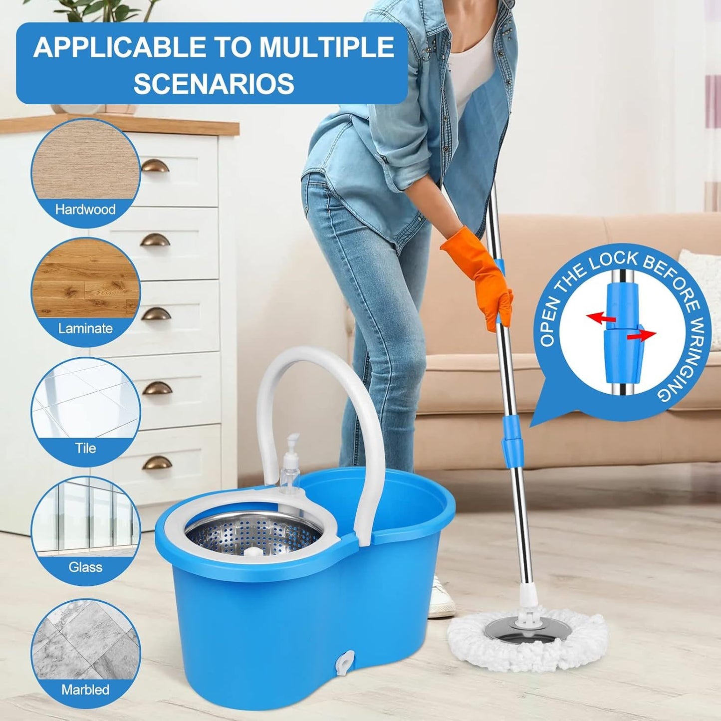 360° Spin Mop and Bucket Set with Wringer – Microfiber Mop Refills, Stainless Steel Extended Handle, Separate Compartment, Floor Cleaning System