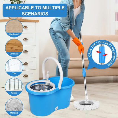 360° Spin Mop and Bucket Set with Wringer – Microfiber Mop Refills, Stainless Steel Extended Handle, Separate Compartment, Floor Cleaning System