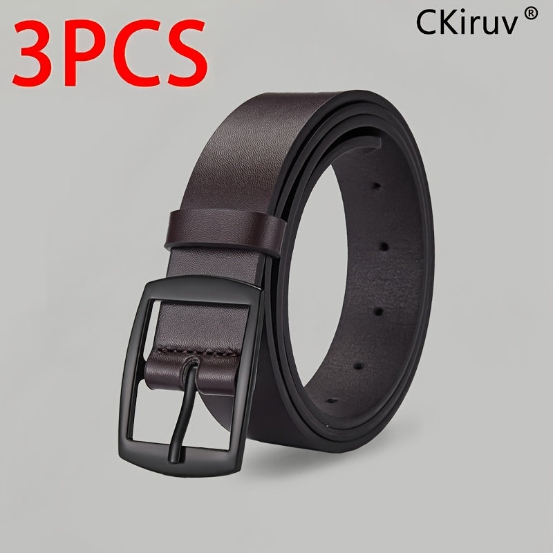 3-Pack Men's PU Faux Leather Belt Set – Casual Designer Style Alloy Buckle Belts for Jeans in Black, Brown & Khaki, Sizes 110-130cm