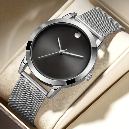 Men's Minimalist Stainless Steel Band Quartz Watch Slim Round Dial Casual Fashion Everyday Wear Gift for Him Silver Brown