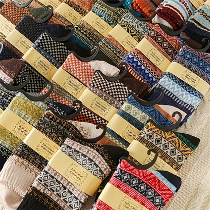 5 Pairs Women's Thickened Winter Socks, 200g/m² Warm Soft Polyester Knit Socks with Bright Plaid Pattern for Hiking Skiing Cold Weather – Fall Winter Holiday Gift Socks