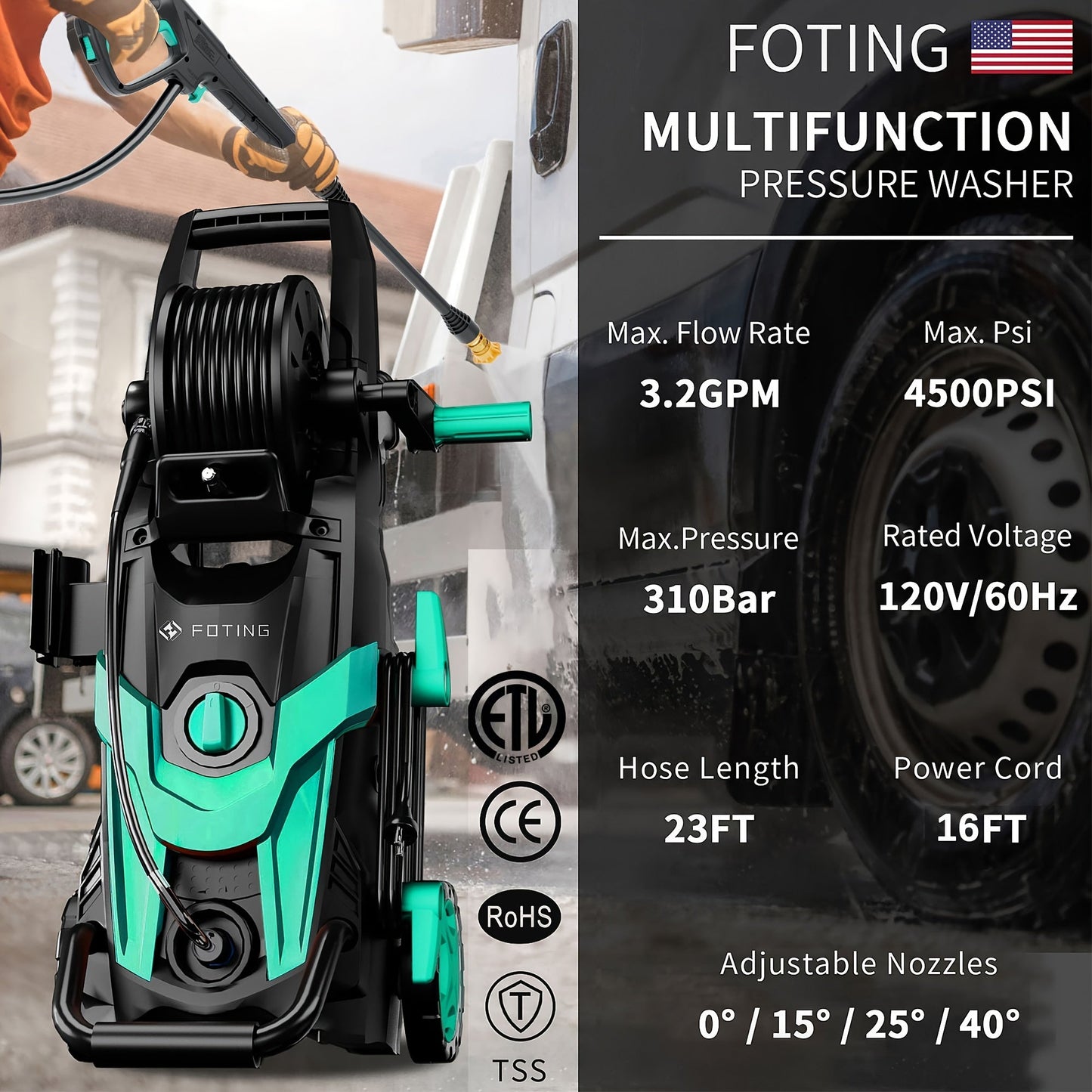 4500 PSI Electric Pressure Washer 3.2 GPM – with Foam Cannon, 4 Quick-Connect Nozzles, Inlet Hose & Filter for Car, Fence, Driveway & Home Cleaning