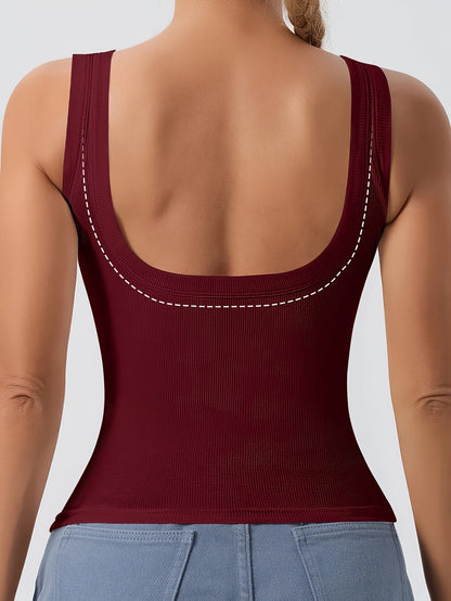 Women's Scoop Neck Tank Top Removable Chest Padding Slim Fit Casual Summer Sleeveless Top 8 Colors XS-XL Built-In Bra