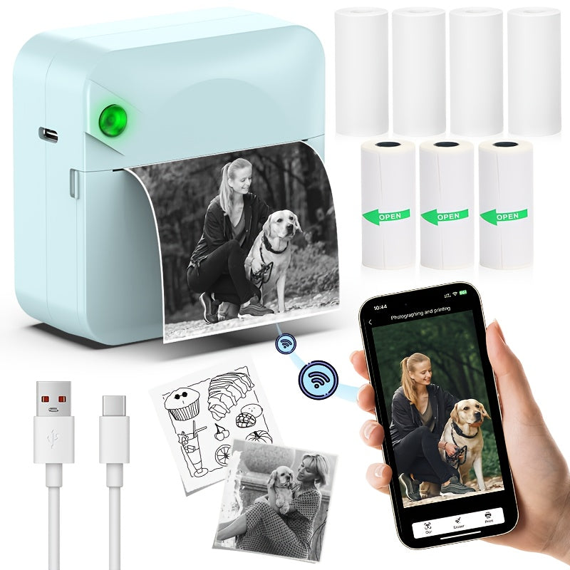 Mini Wireless Thermal Sticker Printer – Inkless Portable Bluetooth Pocket Printer for Photos, Diaries, Notes & Memos, Includes 1 Roll Thermal Paper, Smart Receipt & Label Maker