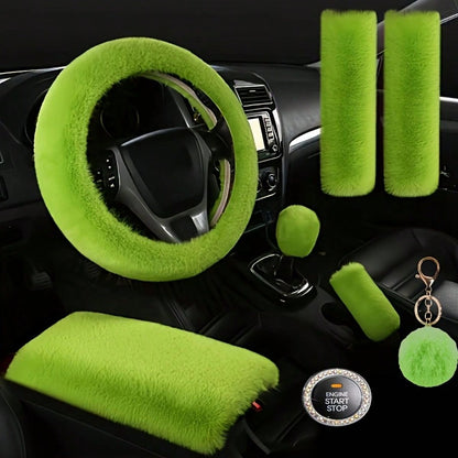 Fluffy Plush Car Steering Wheel Cover 8-Piece Interior Set - Rex Rabbit Fur Universal Fit 14.5-15 Inch, Cute Women's Car Accessories in 12 Colors for SUV Sedan Truck, Pink Purple Black & More