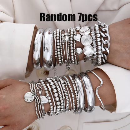 Vintage Bowknot & Leopard Plaid Charm Bracelet Set for Women – Boho Irregular Cord Bracelets, Random Styles & Colors, Silver & Gold, 7-Piece or 16-Piece Bundle for Resort & Daily Wear