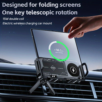Car Mount with Wireless Fast Charging 15W - Compatible with iPhone 8 to 15 Series, Samsung Galaxy S and Note Series, Fold 5 and Fold 6, Supports Folding Screen Smartphones, USB Powered Dashboard Phone Holder