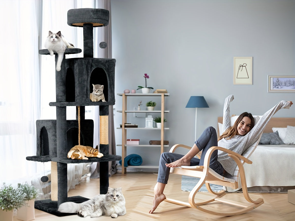59" Multi-Level Cat Tower for Indoor Cats – Large Cat Tree with Plush Resting Area, Sisal Scratching Post & Hanging Ball Toy – Ideal for Bedroom, Living Room & Multi-Cat Households – Velora