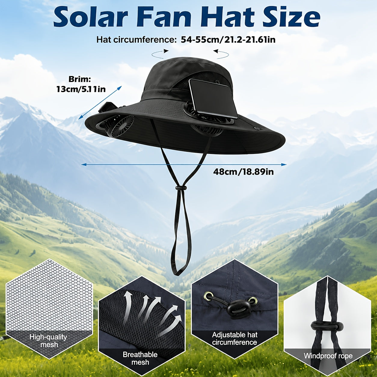 Solar Fan Hat with Wide Brim – Breathable Cooling Sun Hat for Men & Women with Built-In Solar Powered Fan, Adjustable Wind Speeds & Strap, Ideal for Gardening, Hiking, Travel & Summer Outdoor Activities