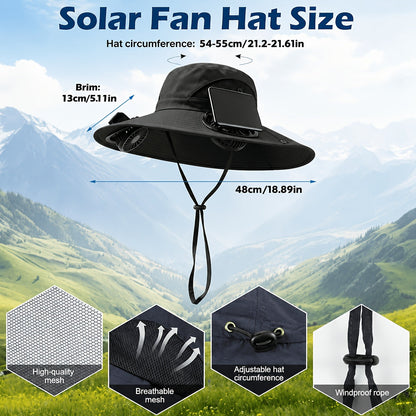 Solar Fan Hat with Wide Brim – Breathable Cooling Sun Hat for Men & Women with Built-In Solar Powered Fan, Adjustable Wind Speeds & Strap, Ideal for Gardening, Hiking, Travel & Summer Outdoor Activities
