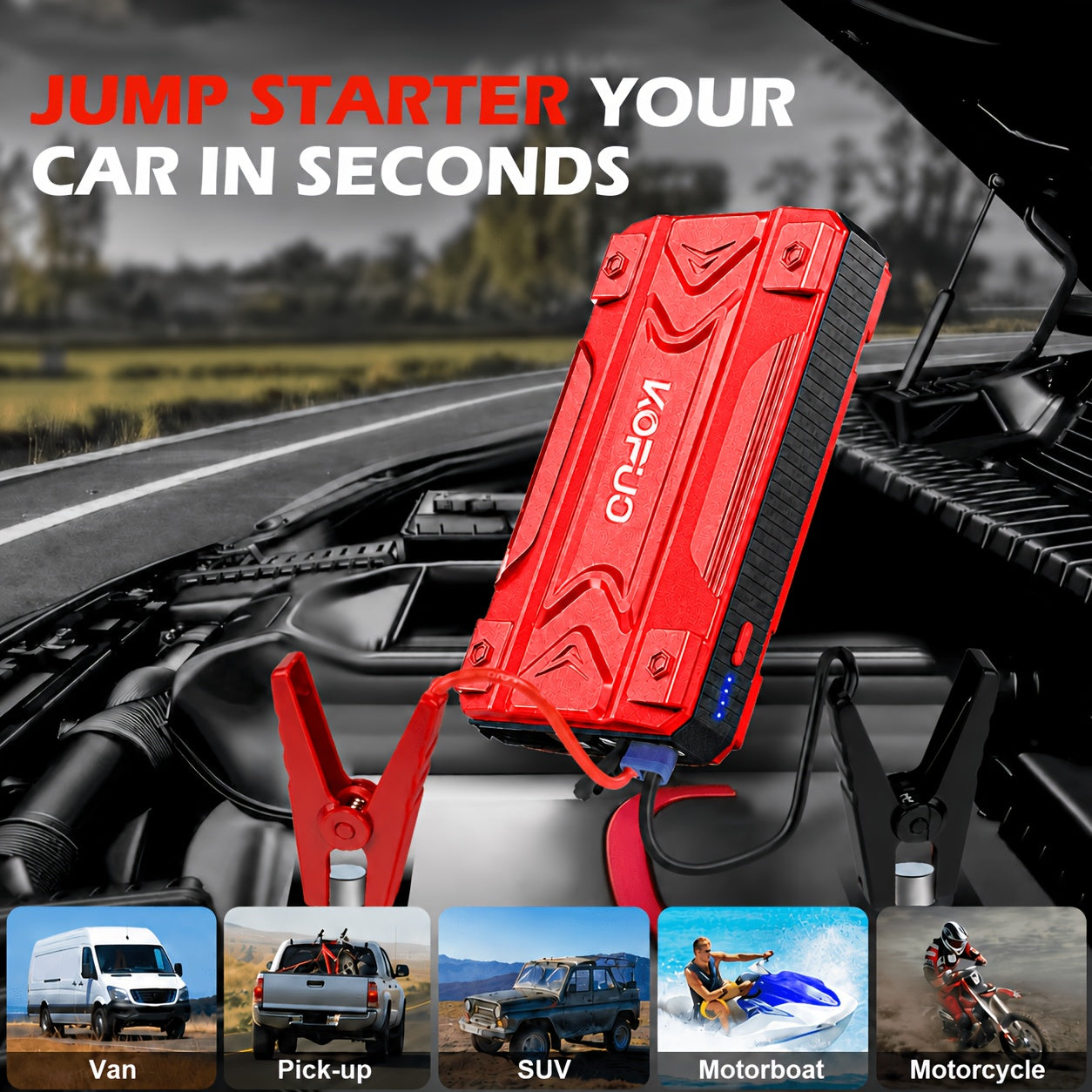 Portable Car Jump Starter 20000A Peak with Air Compressor, 7-in-1 Jump Starter Battery Pack 150PSI Tire Inflator, Power Bank, LED Light & Safety Hammer for 12V Gas & Diesel Engines – Roadside Emergency Kit