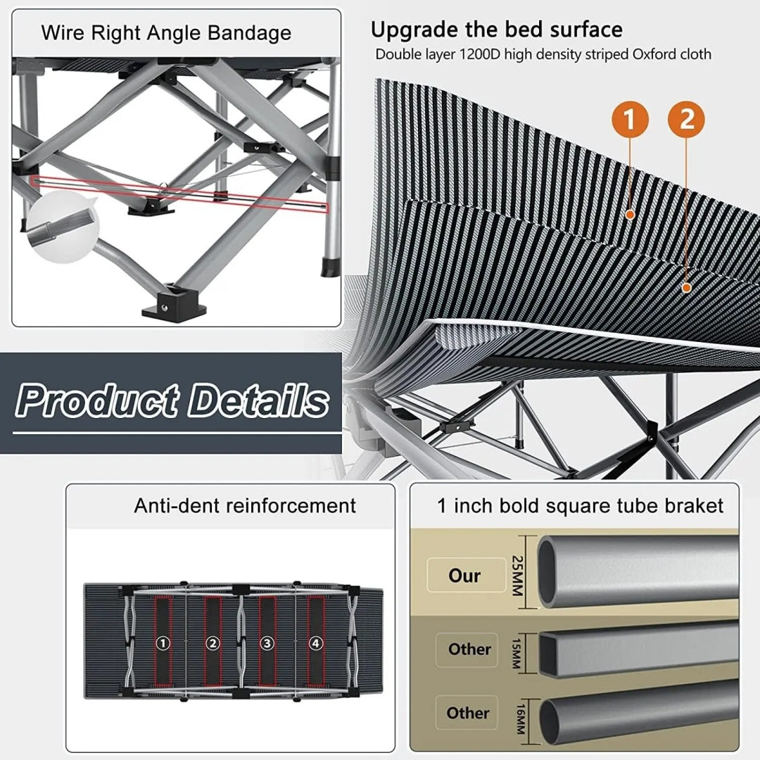 Heavy Duty Folding Bed with Optional Mattress up to 630 LBS – Portable Camping Cot with Multi-Leg Support, Side Pockets & Pillow, 59–77 Inch All Season Guest Napping Bed Space Saving
