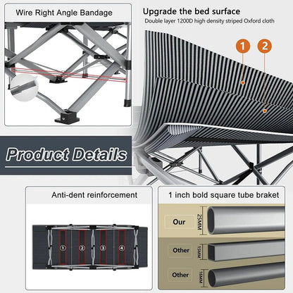 Heavy Duty Folding Bed with Optional Mattress up to 630 LBS – Portable Camping Cot with Multi-Leg Support, Side Pockets & Pillow, 59–77 Inch All Season Guest Napping Bed Space Saving