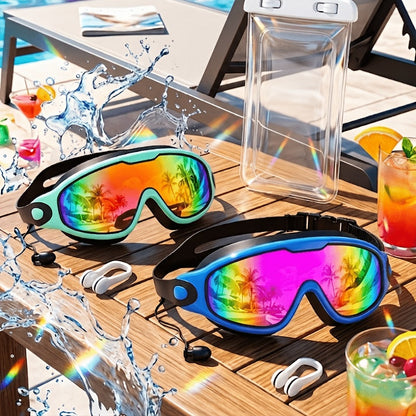 Anti-Fog Swim Goggles Wide View Mirrored UV Protection – No-Leak Swimming Goggles for Adults Men Women Youth with Earplugs, Nose Clip & Phone Pouch, Triathlon Pool Gear
