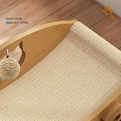 Natural Sisal Cat Scratcher Lounge Chair with Hanging Ball Toy – Solid Wood Curved Cat Bed Scratching Pad, Anti-Scratch Kitty Sofa, Furniture Protector for Indoor Cats