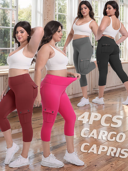 Women's High Waist Yoga Capri Pants 4-Pack 4-Way Stretch Butt Lifting Tummy Control 4 Pockets - Workout Running Sports Leggings S-XXL All Season
