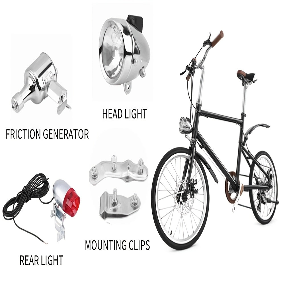 Bicycle Dynamo Headlight & Tail Light Kit 12V 6W Friction Generator – No Battery Needed, Fits Mountain Bike, Road Bike, BMX, Folding Bike, Kids Bike & More, Silver