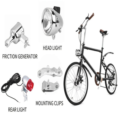 Bicycle Dynamo Headlight & Tail Light Kit 12V 6W Friction Generator – No Battery Needed, Fits Mountain Bike, Road Bike, BMX, Folding Bike, Kids Bike & More, Silver