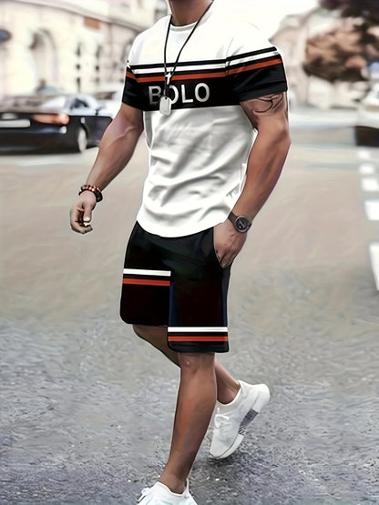 2-Piece Soft Breathable Sports Suit 100% Polyester Round Neck T-Shirt and Shorts Set Alphabet Pattern Casual Outfit for Men Spring Summer Beach Vacation Sizes XL XXL XXXL