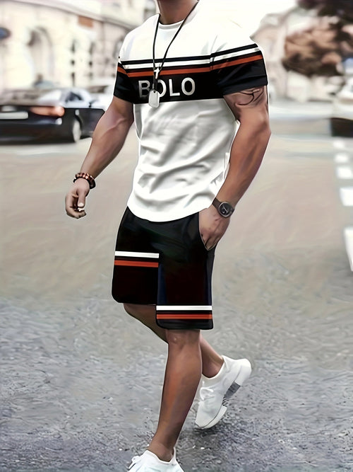 2-Piece Soft Breathable Sports Suit 100% Polyester Round Neck T-Shirt and Shorts Set Alphabet Pattern Casual Outfit for Men Spring Summer Beach Vacation Sizes XL XXL XXXL