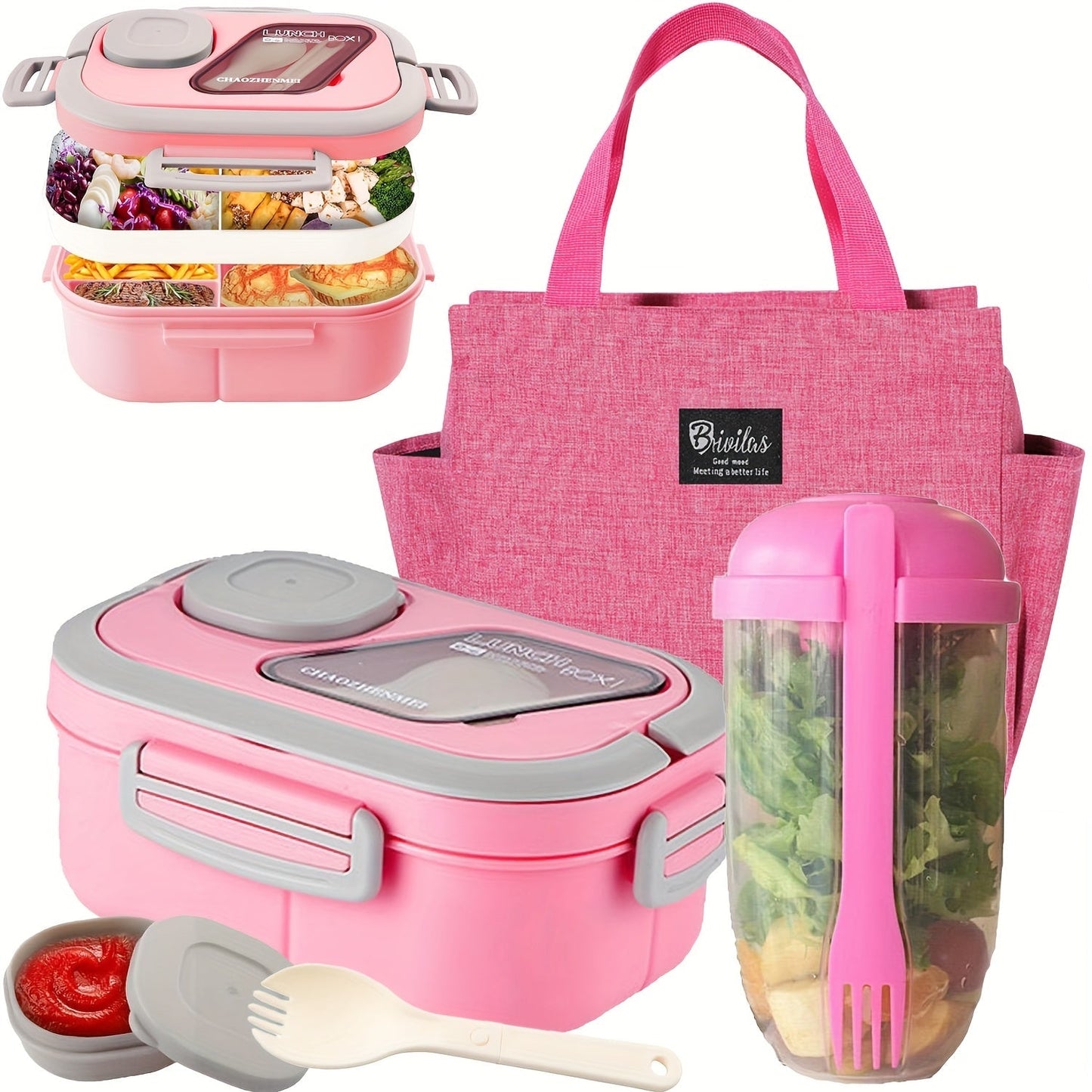 2-Layer Bento Lunch Box Set with Cup & Insulated Lunch Bag – Multi-Grid Leakproof Food Container for School, Office & Picnic, Choose Salad, Coffee, Milk or Soup Cup, Pink Green Blue White