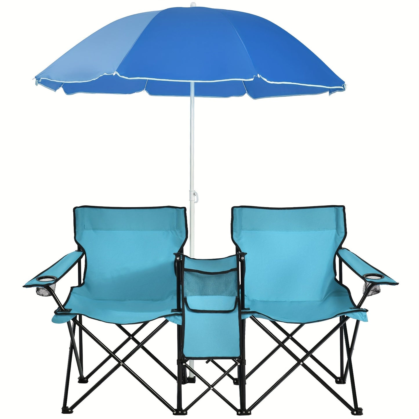 2-Person Folding Beach Chair Set with Umbrella, Table & Cooler Bag – Compact Collapsible Picnic Chair for Beach, Camping & Outdoor Outings, 270 lb Capacity Per Seat