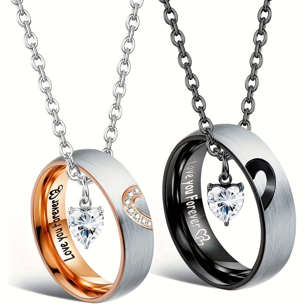 Matching Couples Necklace and Promise Ring Set Romantic Pendant for Him and Her Anniversary Valentine's Day Gift I Love You 100 Languages Vintage Jewelry