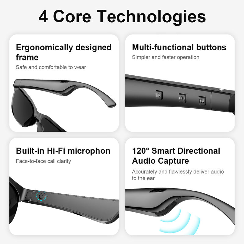 Bluetooth Audio Glasses 2-in-1 Wireless Smart Glasses with Built-in Stereo Speakers USB-C Charging Lightweight Open Ear Sunglasses for Music Gaming Video Calls Compatible with iPhone Android Black White