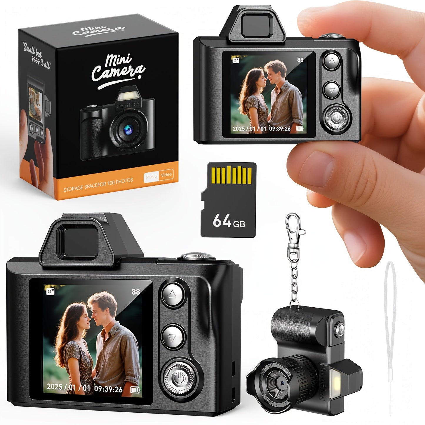 Mini Keychain Camera 1080P HD 2MP with 64GB Memory Card – Compact Portable Thumb-Sized Camcorder, Micro Pocket Camera, Great Gift for Girlfriend, Boyfriend, Travelers & Kids