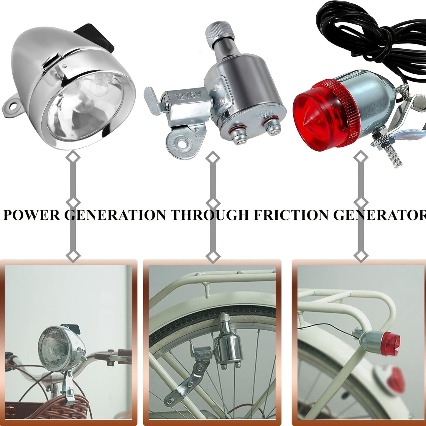 Bicycle Dynamo Headlight & Tail Light Kit 12V 6W Friction Generator – No Battery Needed, Fits Mountain Bike, Road Bike, BMX, Folding Bike, Kids Bike & More, Silver