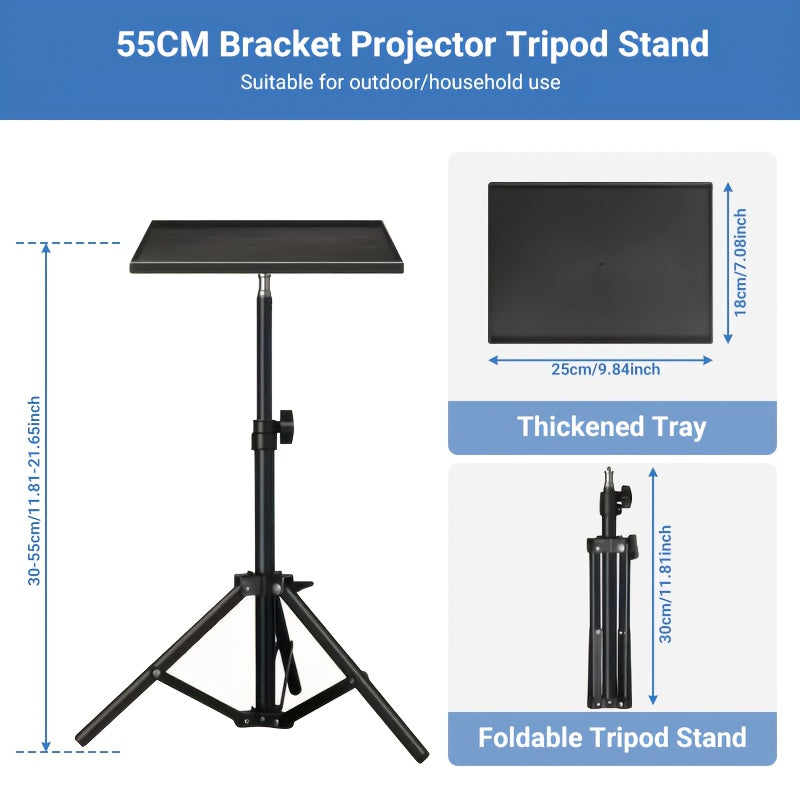 Projector & Laptop Tripod Stand – Height Adjustable with Gooseneck Phone Holder, 180° Tilt Tray, 22 lb Capacity, Portable Floor Stand for Office Home Stage Studio & DJ
