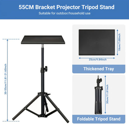 Projector & Laptop Tripod Stand – Height Adjustable with Gooseneck Phone Holder, 180° Tilt Tray, 22 lb Capacity, Portable Floor Stand for Office Home Stage Studio & DJ