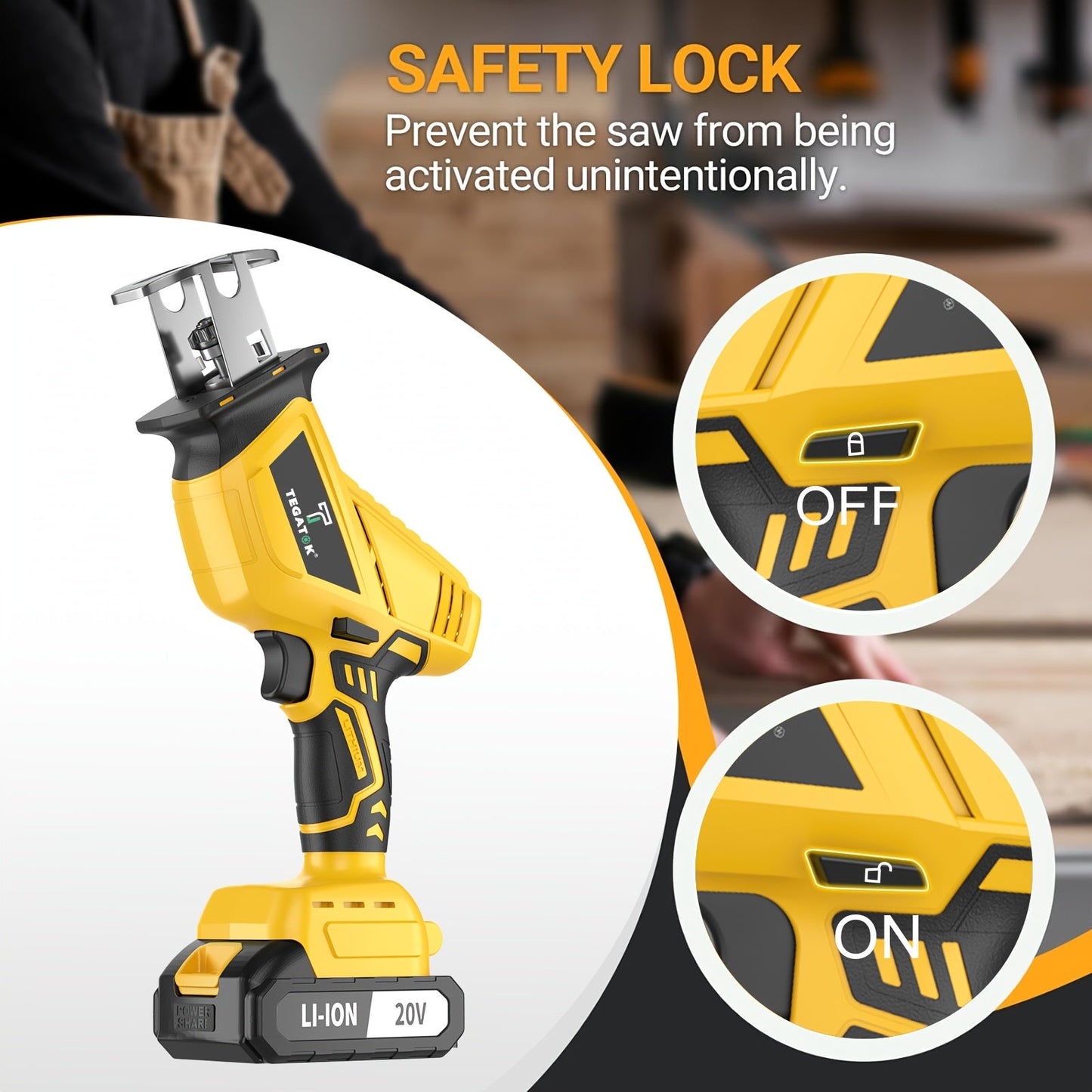 Cordless Reciprocating Saw with LED Light & Safety Lock | Electric Handsaw for Multi-Purpose Cutting, Replaceable Blades, Toolbox Included – 1 or 2 Battery Options, Yellow/Green/Red