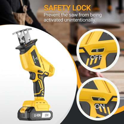 Cordless Reciprocating Saw with LED Light & Safety Lock | Electric Handsaw for Multi-Purpose Cutting, Replaceable Blades, Toolbox Included – 1 or 2 Battery Options, Yellow/Green/Red