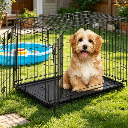 Foldable Metal Wire Dog Crate for Small Dogs & Rabbits – Adjustable Divider Panel, Leak-Proof Plastic Pan, Indoor Outdoor Pet Kennel for Chihuahuas Toy Breeds Small Animals, Multiple Sizes