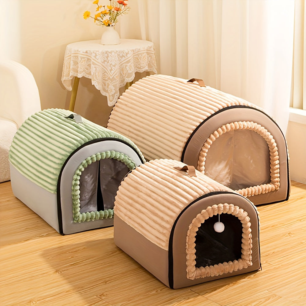 Foldable Dog Bed Cave 2-in-1 All Season – Fully Enclosed Covered Pet House with Handle, Soft Fluffy Non-Slip Washable Nest for Large, Medium & Small Dogs and Cats – Free Drool Bib – Velora