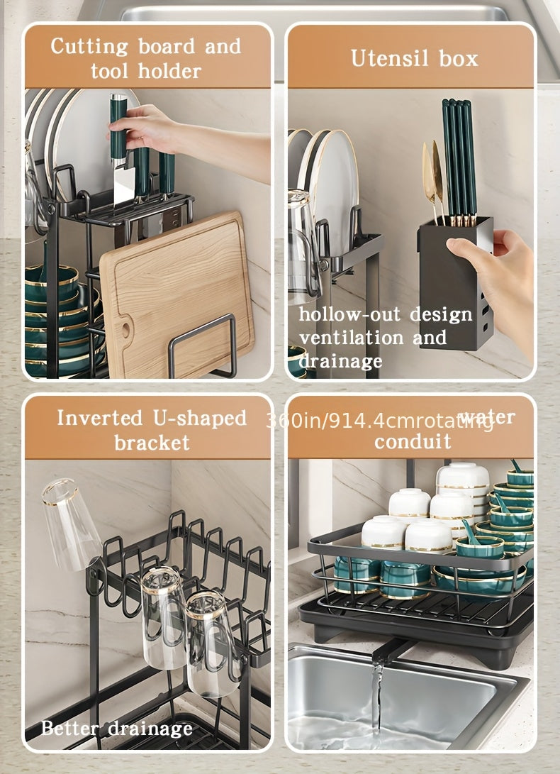 2-Tier Metal Dish Drying Rack with Cutlery Holder, Cup Holder & Rust-Proof Drip Tray – Space-Saving Countertop Dish Drainer for Kitchen Organization, Durable Steel Dish Rack for All Countertop Types