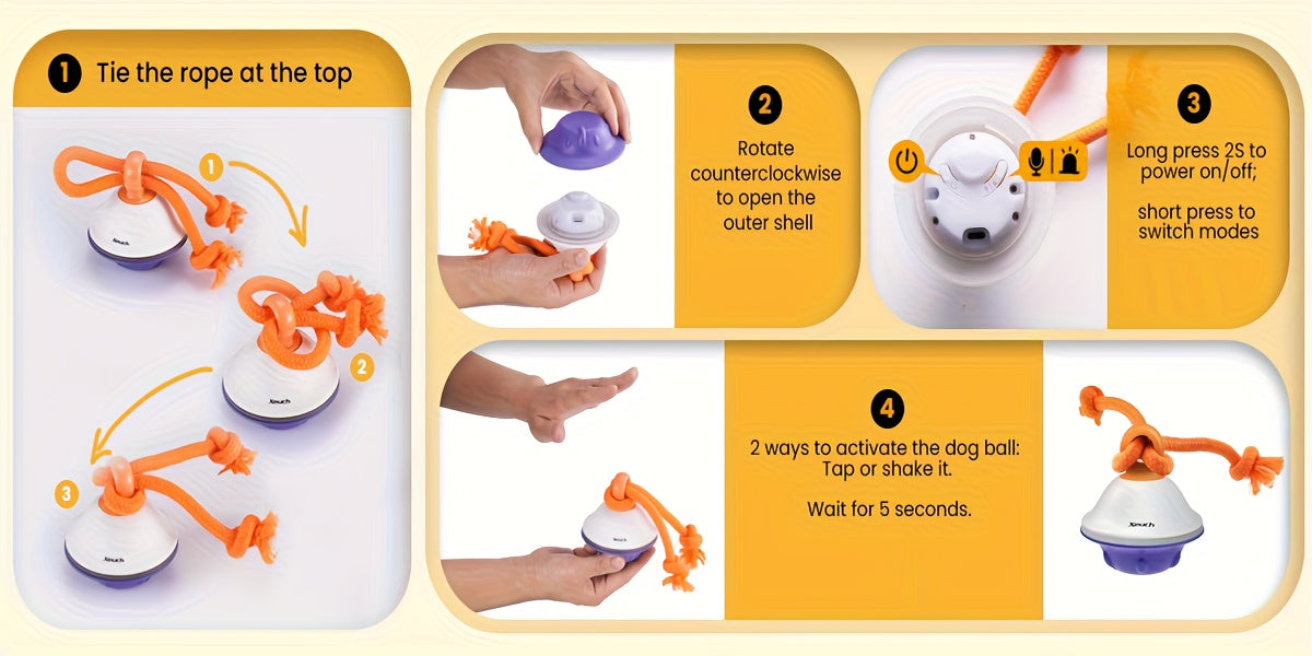 Automatic Moving Rolling Dog Ball Toy with Rope Motion Activated Voice Recording USB Rechargeable Interactive Stimulation Toy for Small Medium Dogs Boredom Relief Gray White