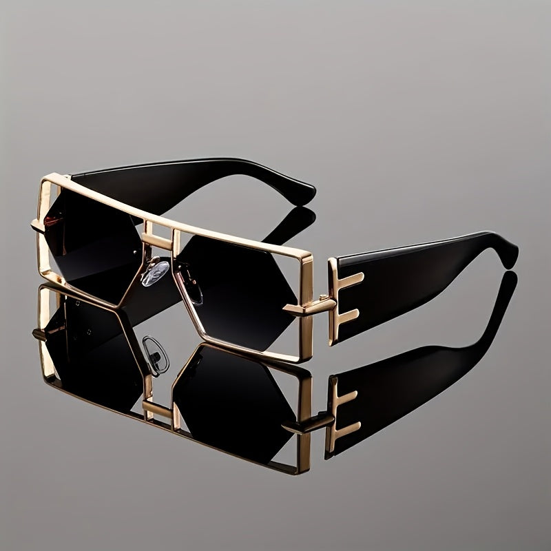 Oversized Hollow Square Sunglasses for Women & Men – UV Protection Metal Frame, PC Lens, Trendy Exaggerated Style, Beach Vacation & Summer Fashion Eyewear with Protective Case