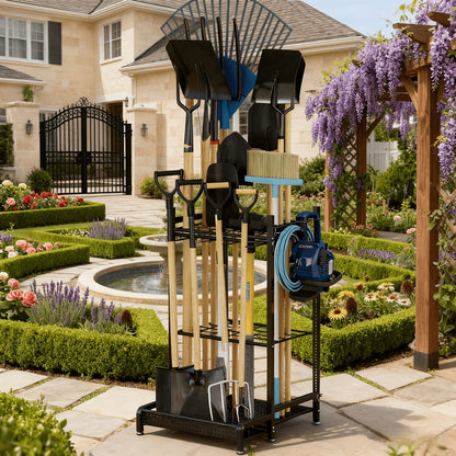 Garden Tool Organizer for Garage Heavy Duty Metal Rack with Hooks – Freestanding Yard Tool Stand Holder for Long-Handled Brooms, Shovels, Rakes & Outdoor Tools, Black Storage Rack