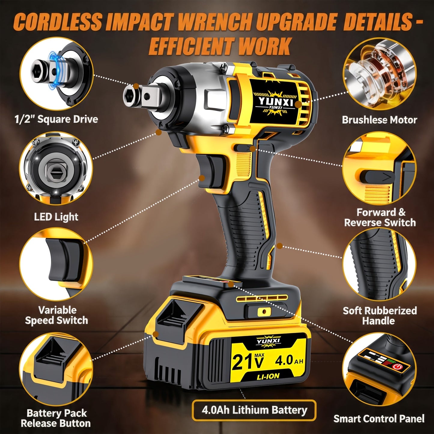 21V Brushless Cordless Impact Wrench & Drill Set – 4000mAh Li-ion Battery, Toolbox, Charger & Socket Accessories for Automotive, Home & Industrial Use
