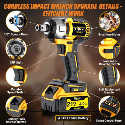 21V Brushless Cordless Impact Wrench & Drill Set – 4000mAh Li-ion Battery, Toolbox, Charger & Socket Accessories for Automotive, Home & Industrial Use