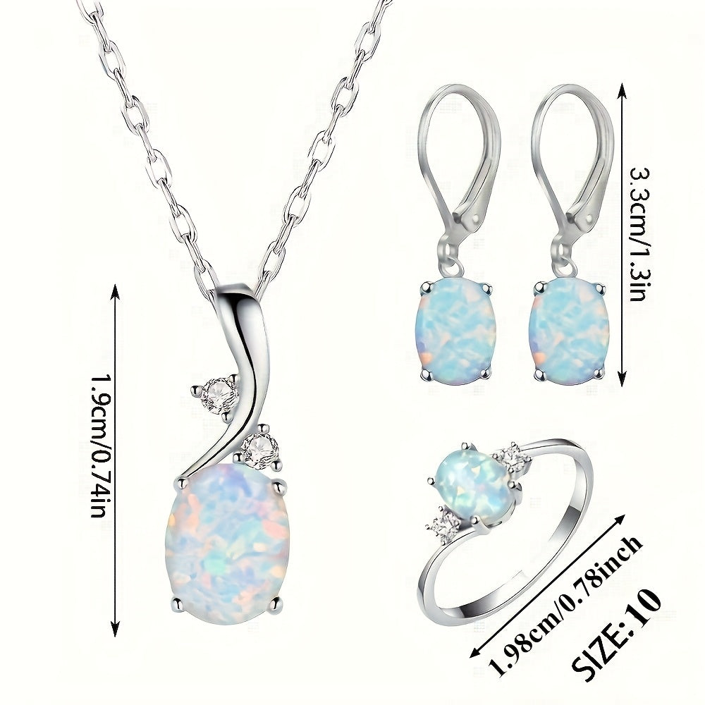 4pcs 925 Sterling Silver Water Drop Opal Jewelry Set for Women – Pendant Necklace, Earrings & Ring, Elegant Boho Party Jewelry Gift Set
