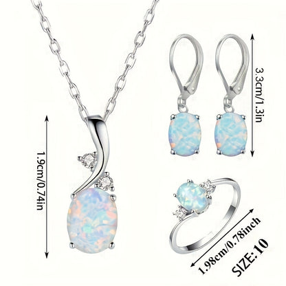 4pcs 925 Sterling Silver Water Drop Opal Jewelry Set for Women – Pendant Necklace, Earrings & Ring, Elegant Boho Party Jewelry Gift Set