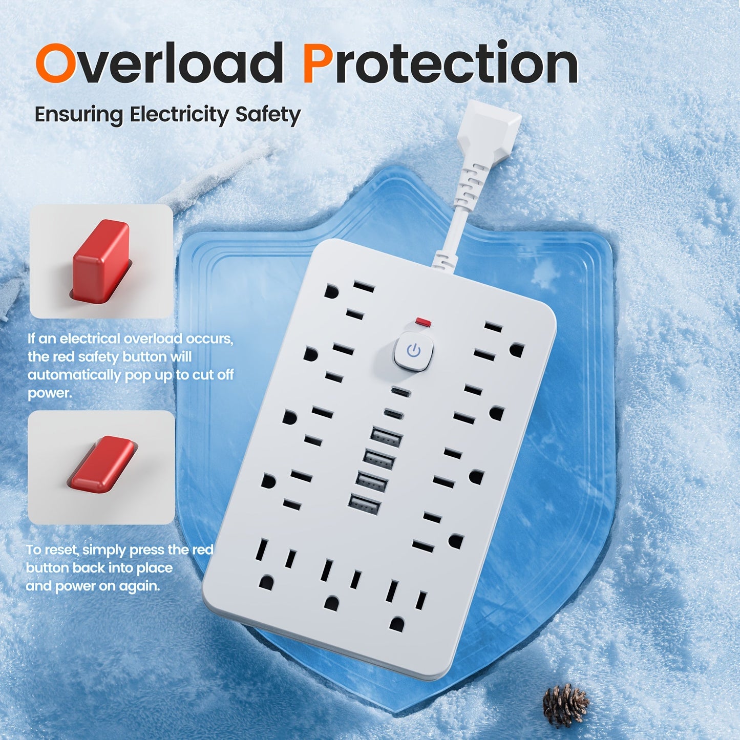 Surge Protector Power Strip 11 AC Outlets | 4 USB-A & 2 USB-C Ports, Overload Protection, Short/5FT/10FT Extension Cord – Multi-Outlet Power Socket for Home, Office, Desk & School – White & Black