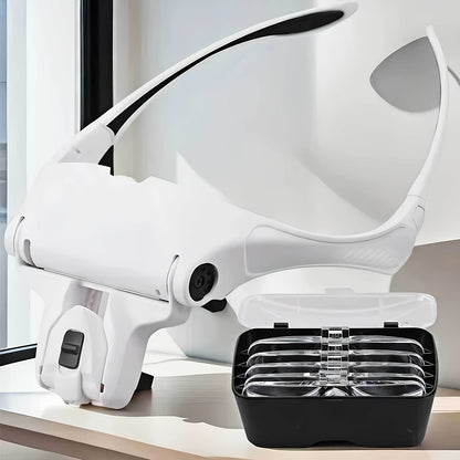 Head Mounted Magnifier with LED Light, 5 Interchangeable Lenses 1.0X-3.5X, Adjustable Headband Magnifying Headset for Jewelry Making, Electronics Repair, Model Building, Reading & Precision Work