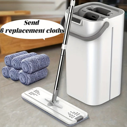 Hands-Free Flat Dust Mop with Bucket – Wet & Dry Floor Cleaning Mop for Bedroom Kitchen Living Room Bathroom, Durable Plastic Household Floor Mop Tool for Hardwood Tile Laminate
