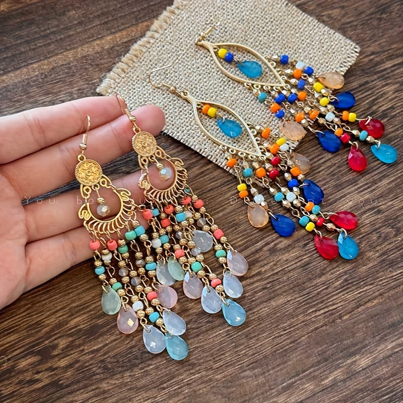 6-Pair Bohemian Tassel Earrings Set for Women – Vintage Beaded Dangle Earrings with Teardrop & Round Beads, Multicolor Boho Statement Jewelry, Lightweight Alloy Hoops for Parties & Vacations