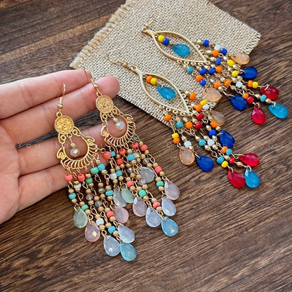 6-Pair Bohemian Tassel Earrings Set for Women – Vintage Beaded Dangle Earrings with Teardrop & Round Beads, Multicolor Boho Statement Jewelry, Lightweight Alloy Hoops for Parties & Vacations