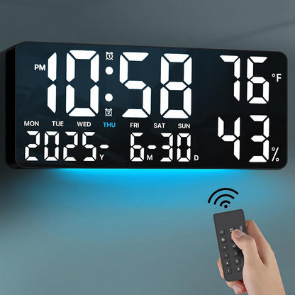 Large Screen LED Alarm Clock 15 Inch Auto-Dimming with Remote Control | Digital Clock Time Date Week Temperature Humidity Timer | Bedroom Bedside Senior-Friendly Living Room Office Desk